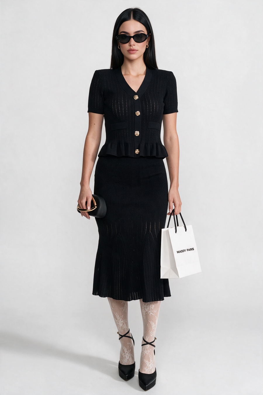 Knit Midi Co-Ord with Peplum Waist and Gold Buttons - Black