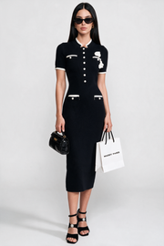 Noelle Black Ribbed Knit Midi Dress With Contrast Trim And Decorative Pockets