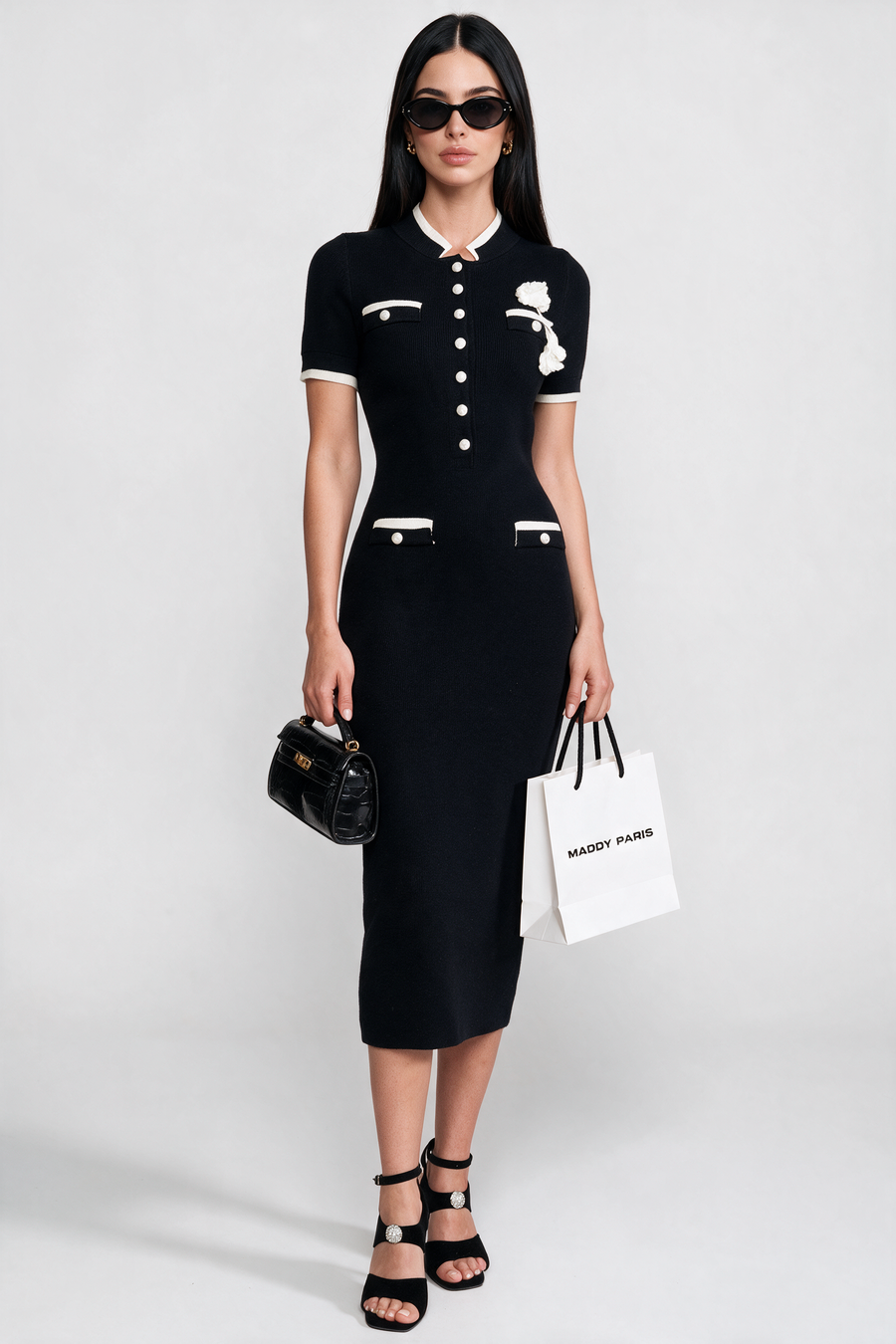 Ribbed Knit Midi Dress With Contrast Trim And Decorative Pockets - Black