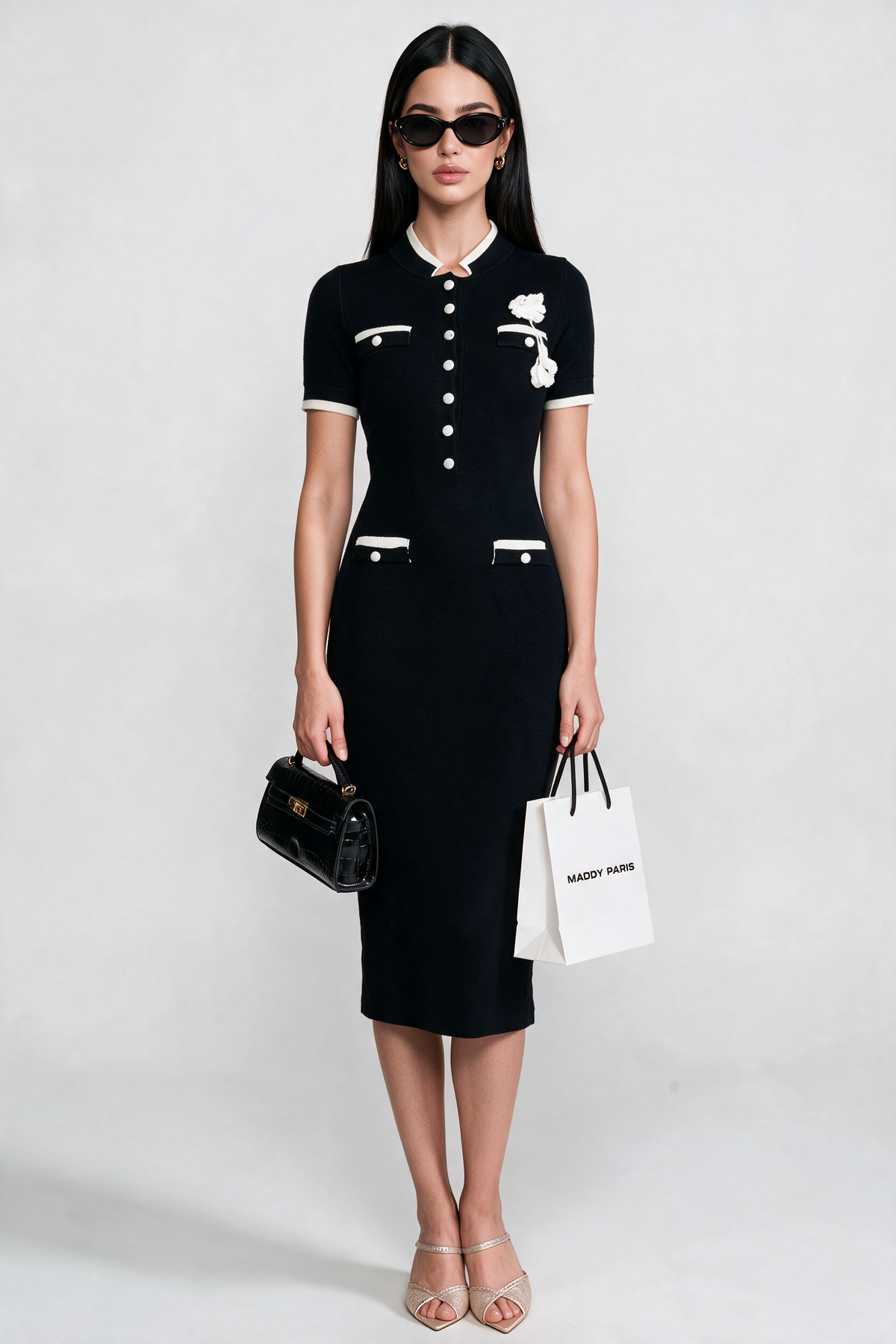 Ribbed Knit Midi Dress With Contrast Trim And Decorative Pockets - Black