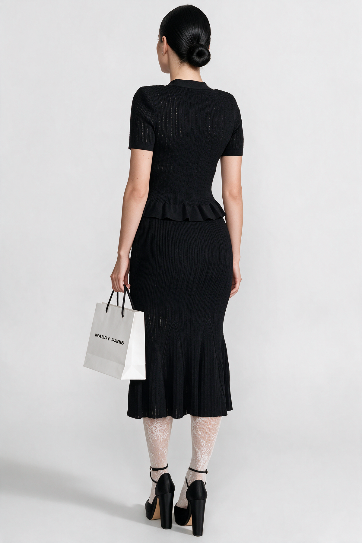 Knit Midi Co-Ord with Peplum Waist and Gold Buttons - Black