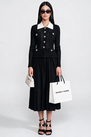 Isolde Black Open-Knit Dress with Pleated Midi Skirt
