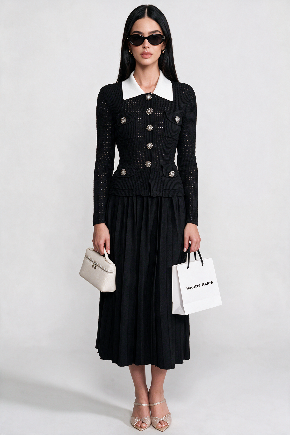 Open-Knit Dress with Pleated Midi Skirt - Black