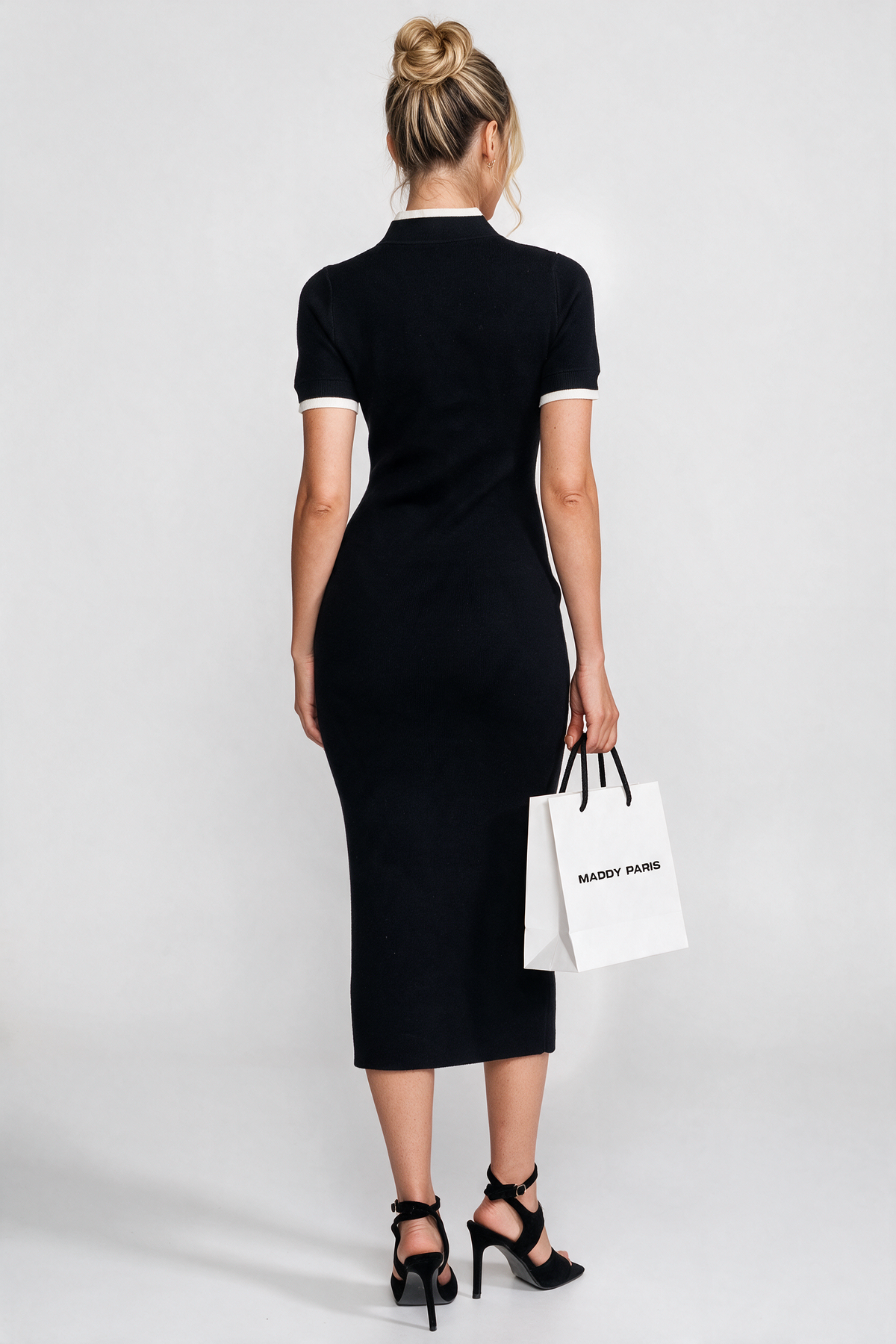 Ribbed Knit Midi Dress With Contrast Trim And Decorative Pockets - Black