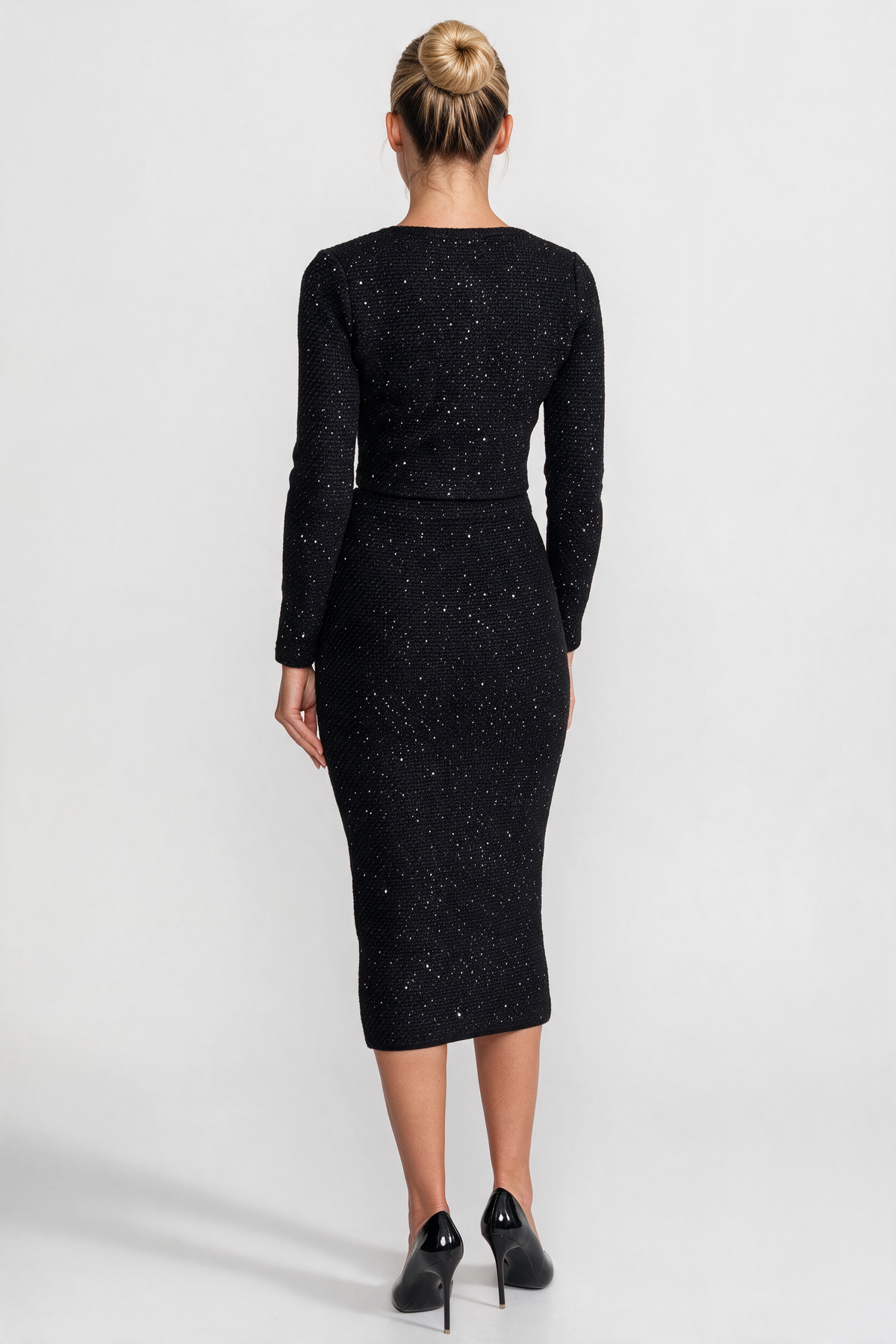 Embroidered Tweed Knit Co-Ord Set with Contrast Trim - Black