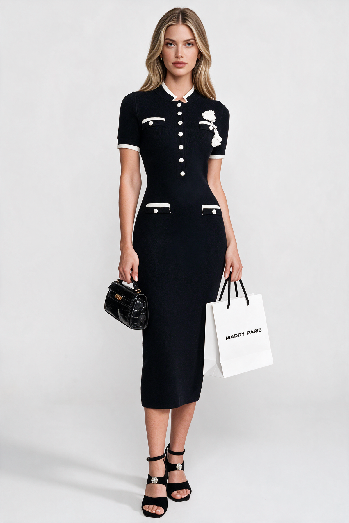 Ribbed Knit Midi Dress With Contrast Trim And Decorative Pockets - Black