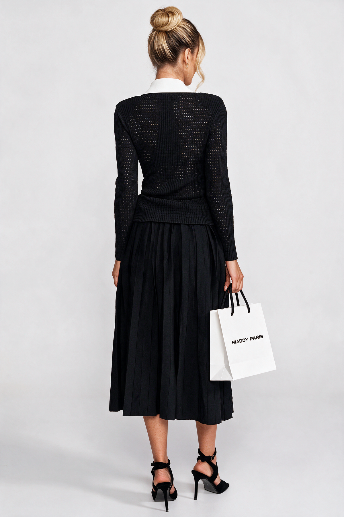 Open-Knit Dress with Pleated Midi Skirt - Black