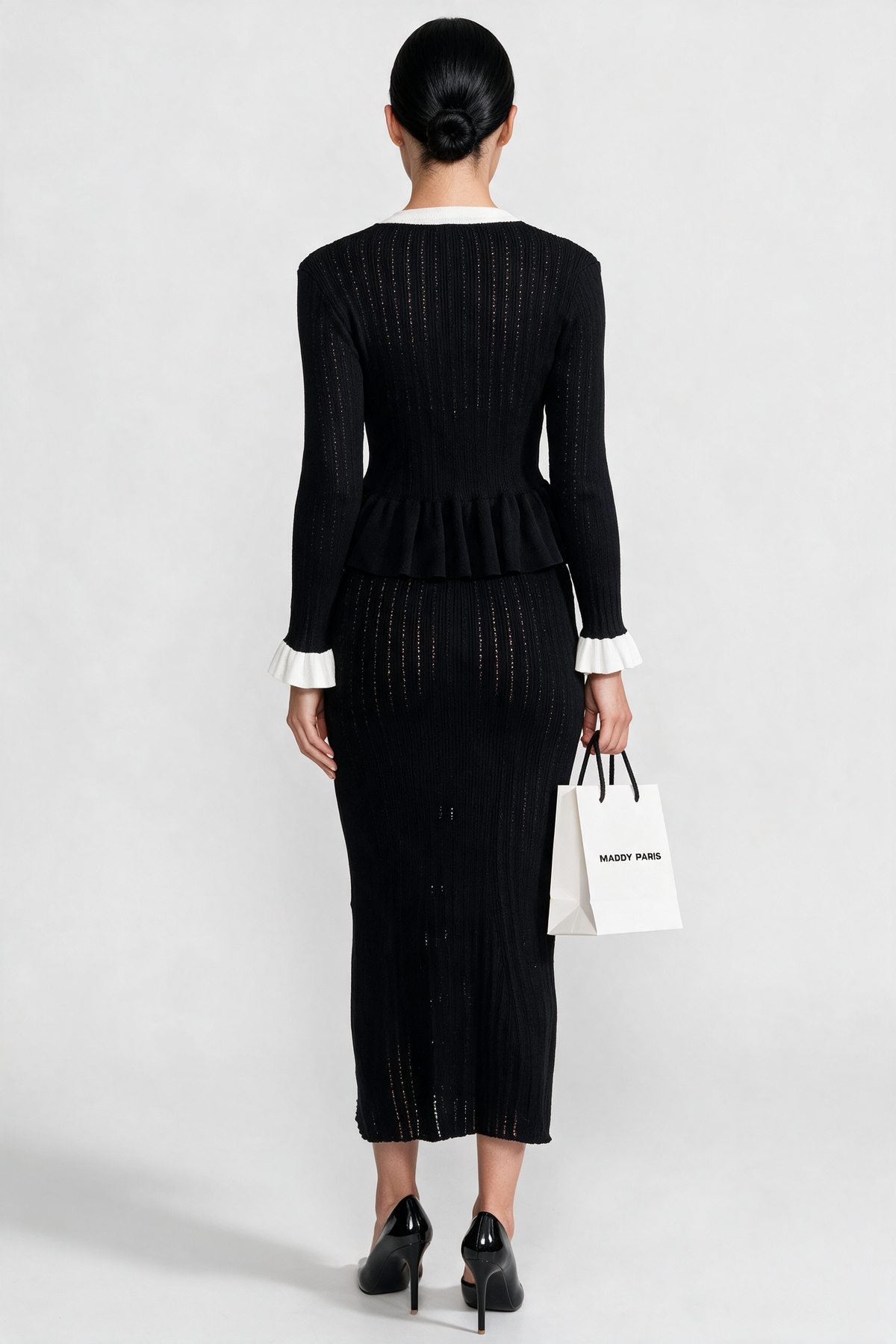 Pointelle Knit Midi Co-Ord with Contrast Trim - Black