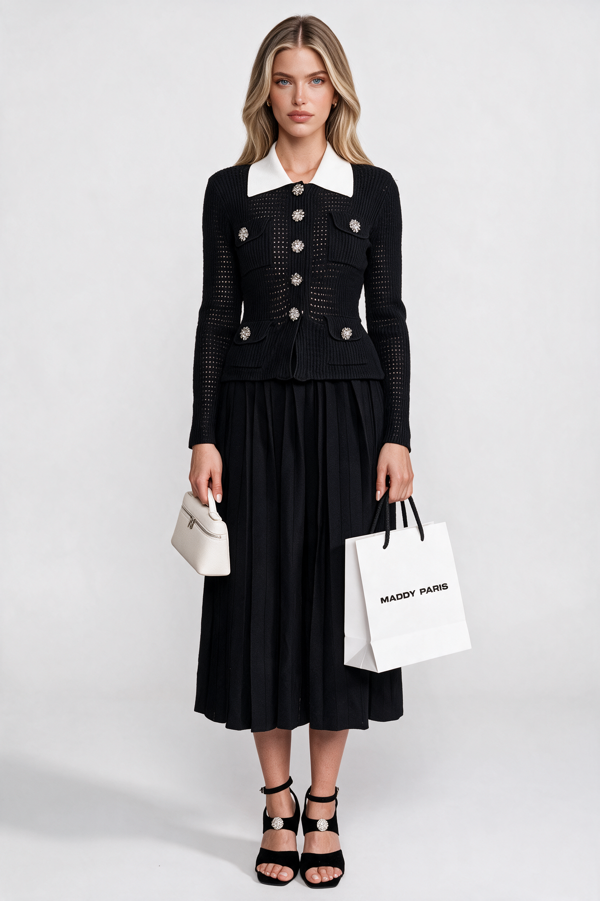 Open-Knit Dress with Pleated Midi Skirt - Black