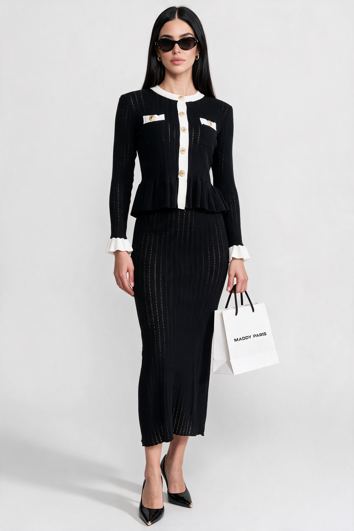 Pointelle Knit Midi Co-Ord with Contrast Trim - Black