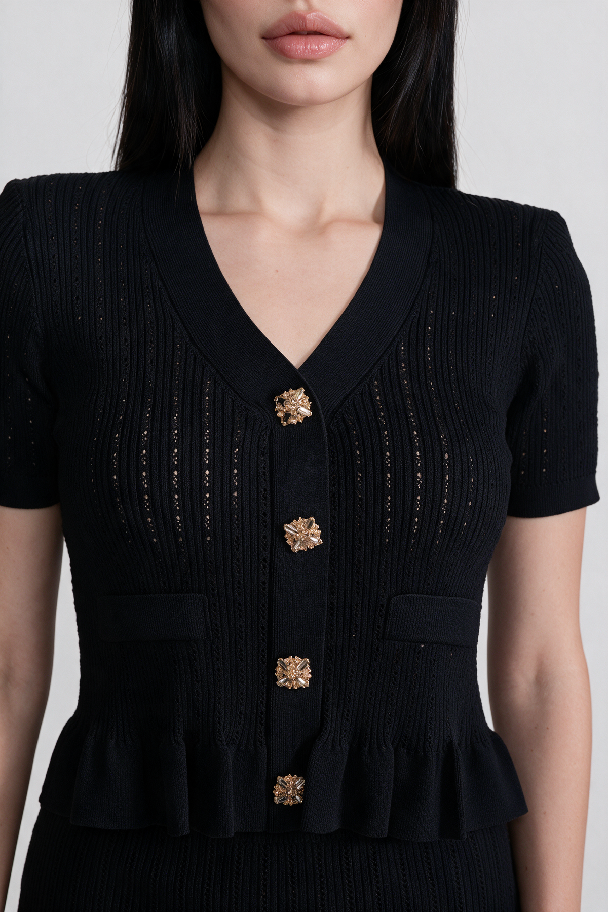 Knit Midi Co-Ord with Peplum Waist and Gold Buttons - Black