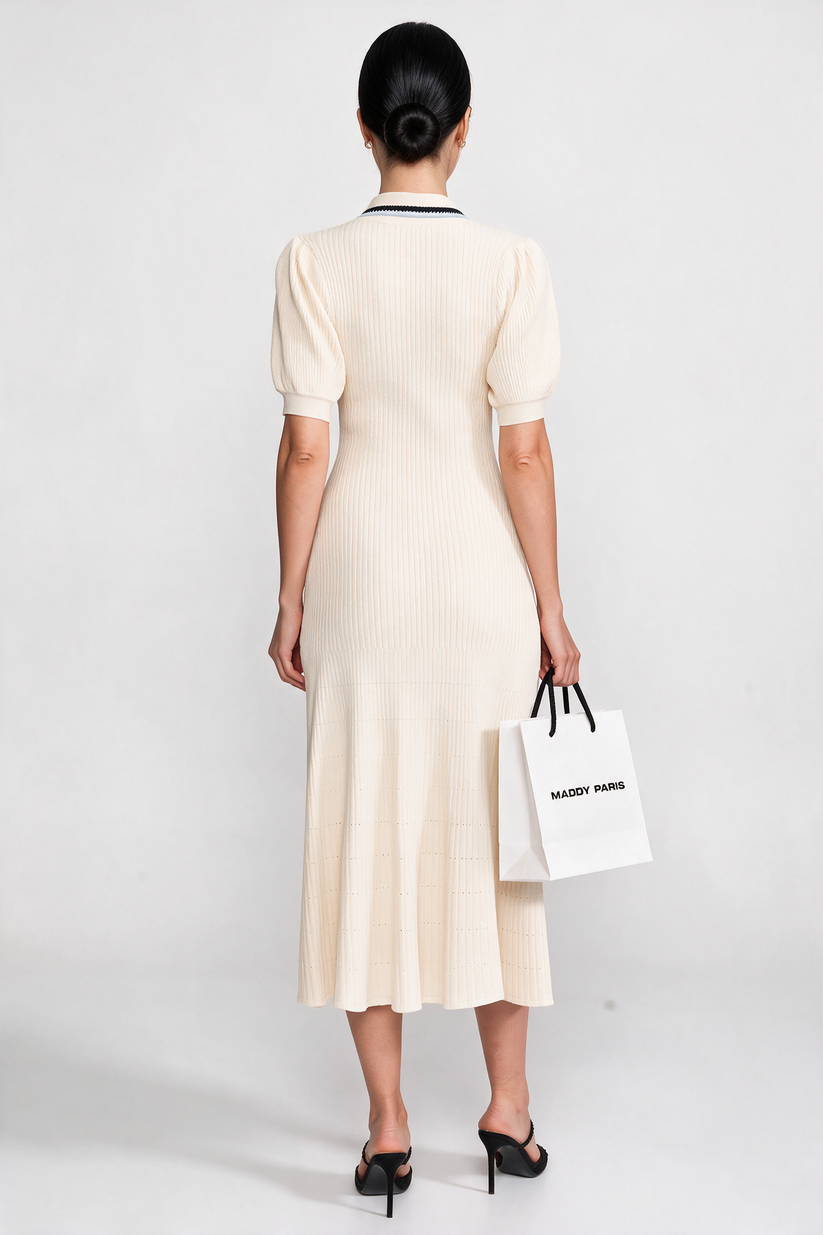 Short Sleeve Knit Midi Dress With Polo Collar And Monogram Patch - Cream