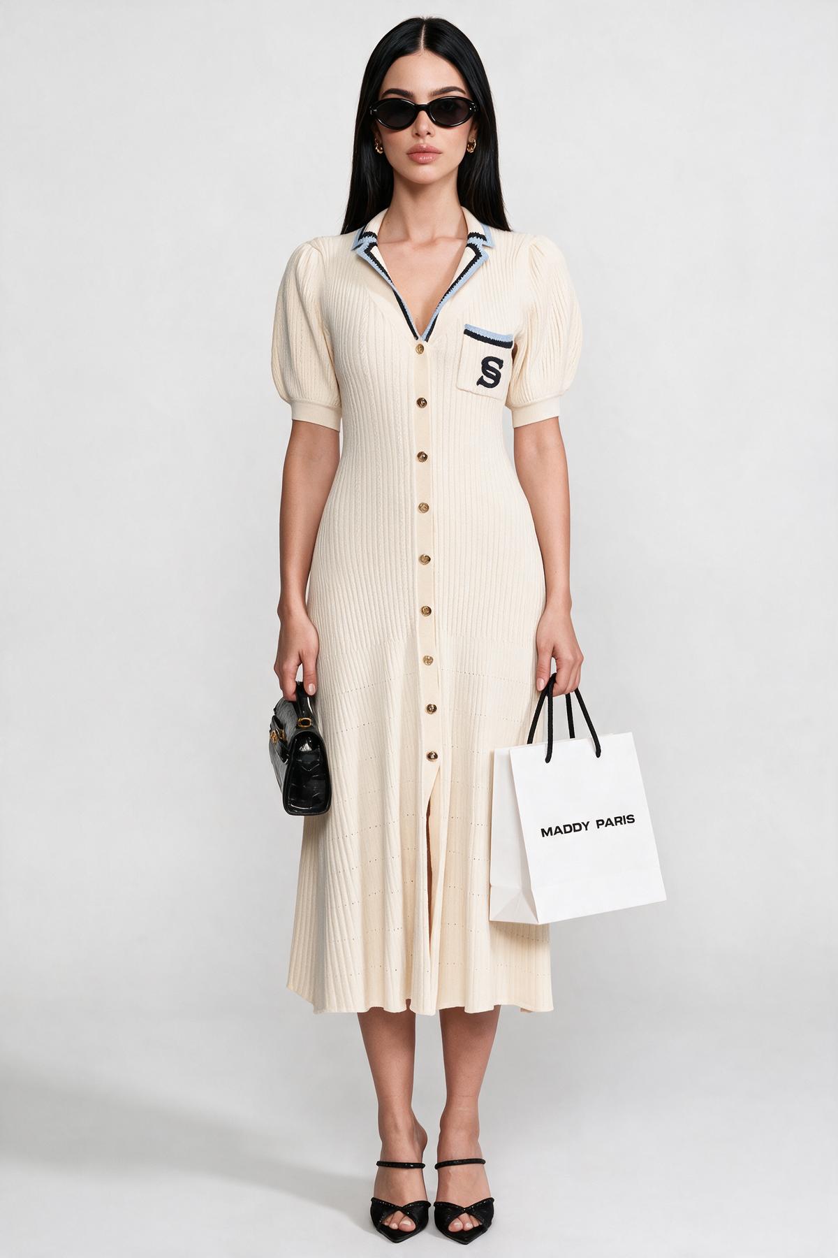 Short Sleeve Knit Midi Dress With Polo Collar And Monogram Patch - Cream