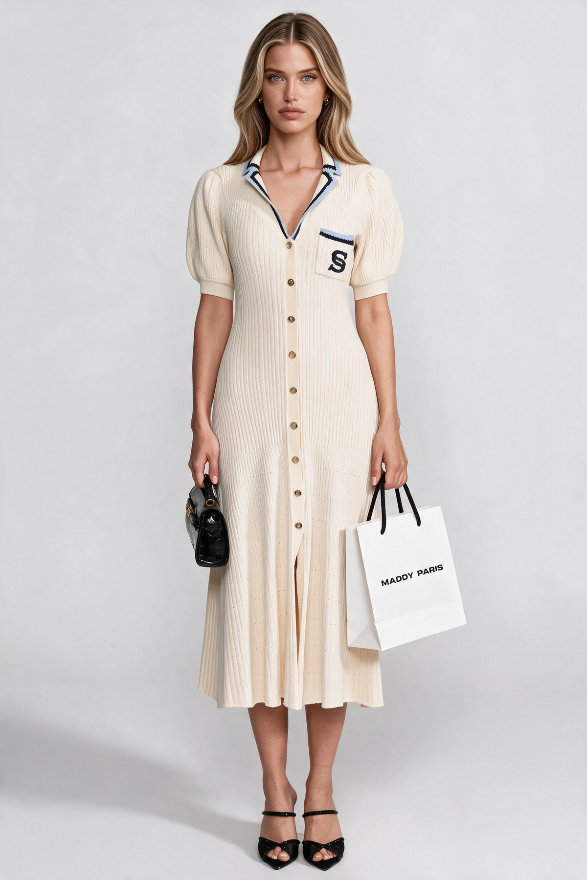 Short Sleeve Knit Midi Dress With Polo Collar And Monogram Patch - Cream
