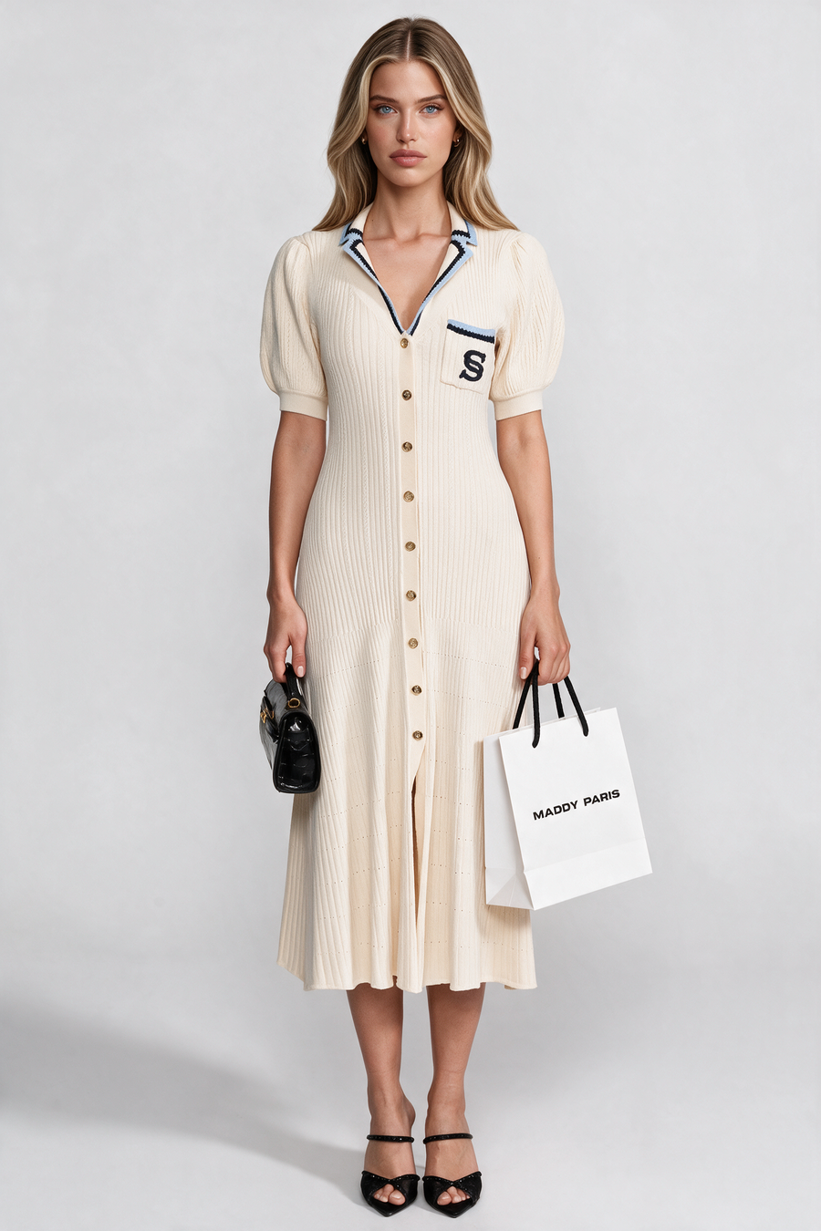 Short Sleeve Knit Midi Dress With Polo Collar And Monogram Patch - Cream