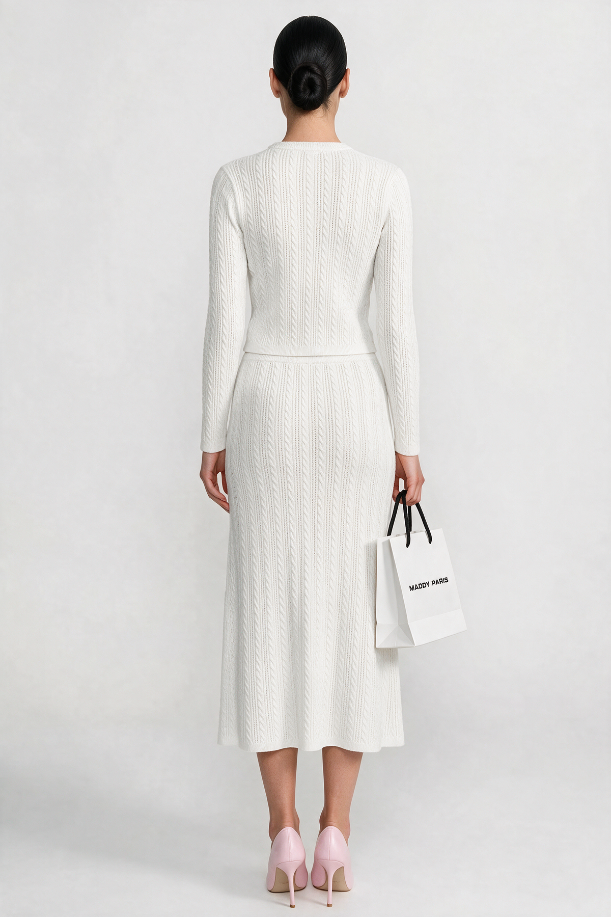 Ribbed Knit Dress and Cardigan Set With Pearl Button Detailing - White