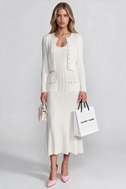 Mirabelle White Ribbed Knit Dress and Cardigan Set With Pearl Button Detailing