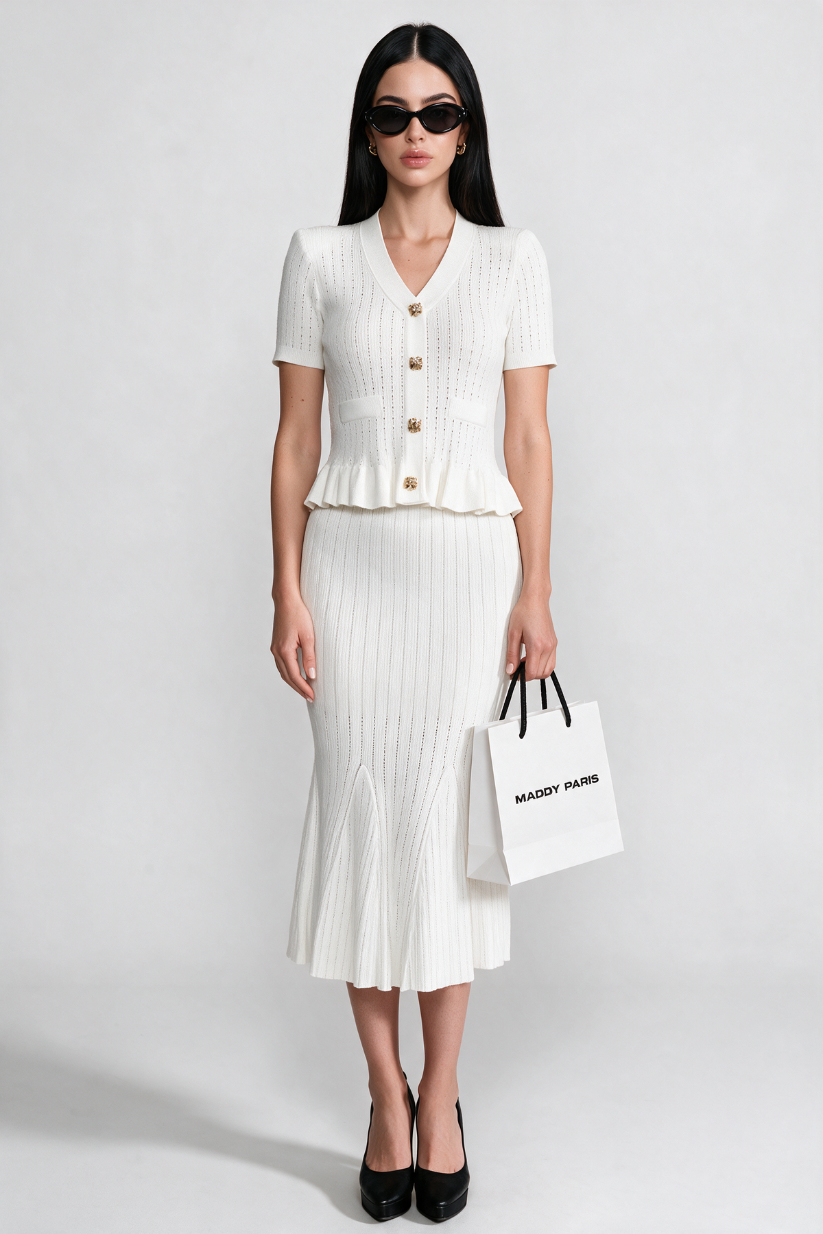 Knit Midi Co-Ord with Peplum Waist and Gold Buttons  – White