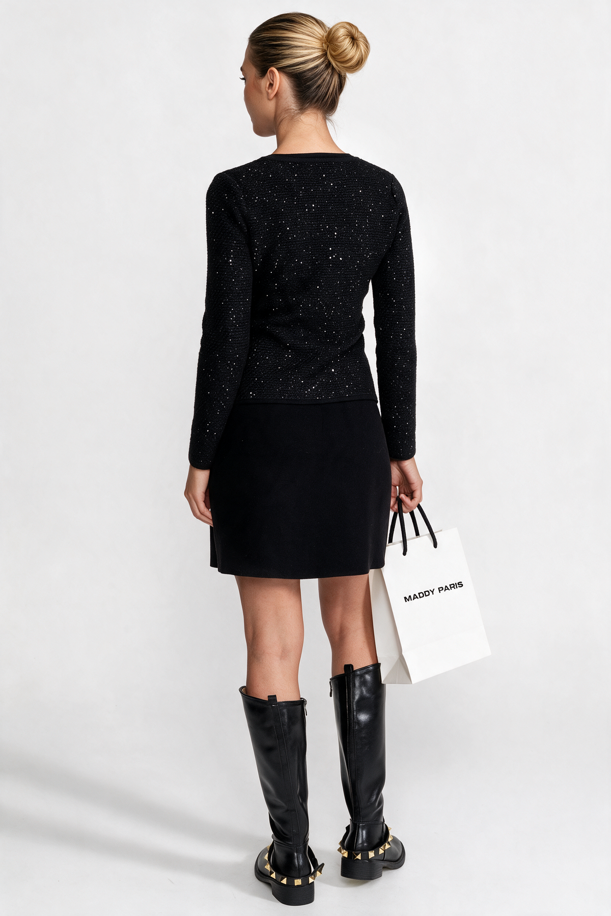 Embellished Tweed Co-Ord Set with Bow Closures And Mini Skirt – Black