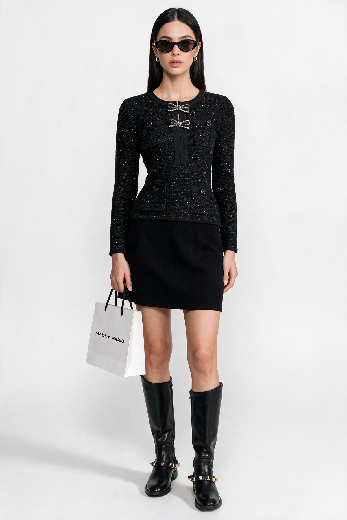 Embellished Tweed Co-Ord Set with Bow Closures And Mini Skirt – Black