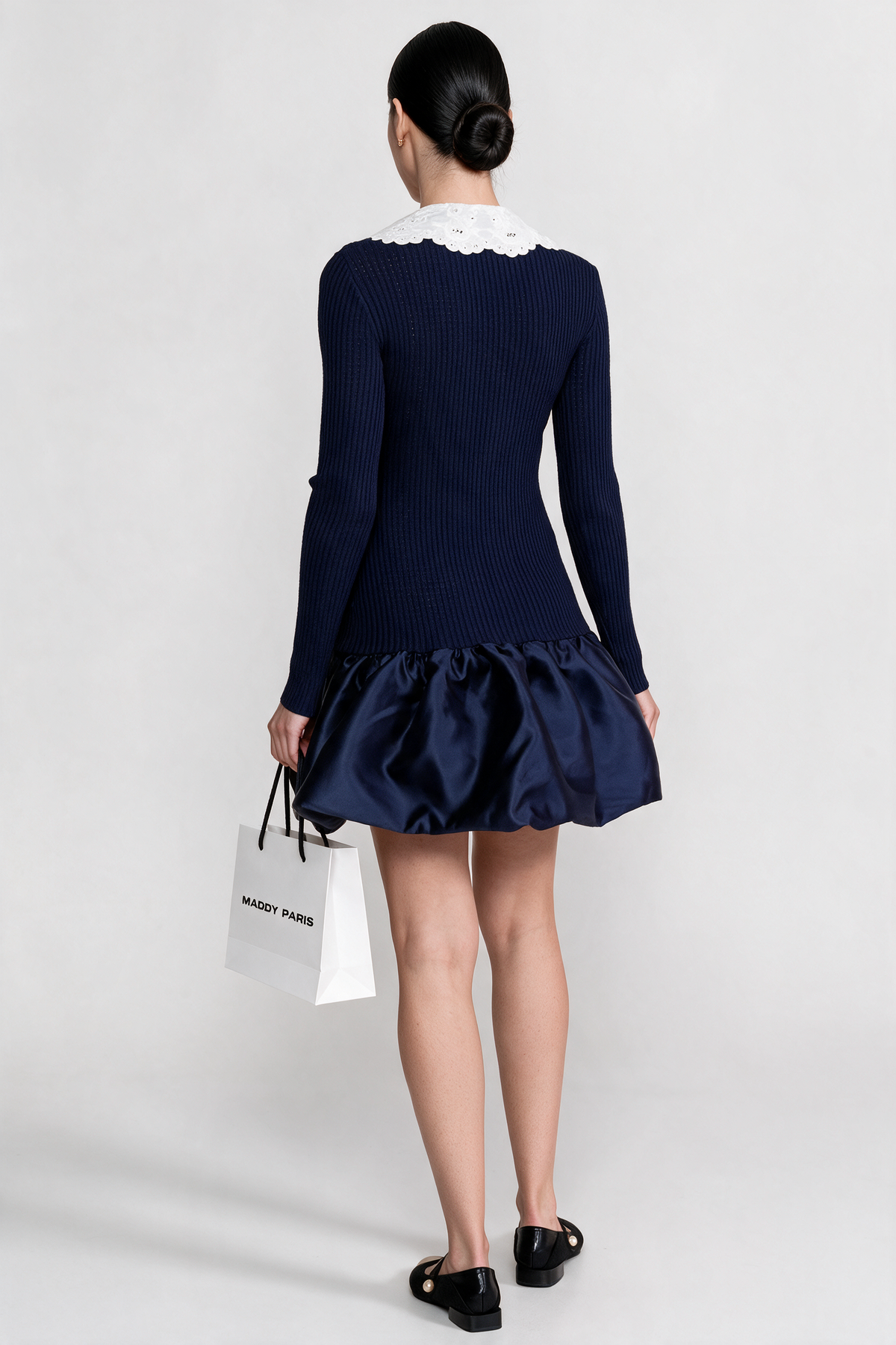 Knit Long Sleeve Mini Dress With Broderie Collar - Navy
