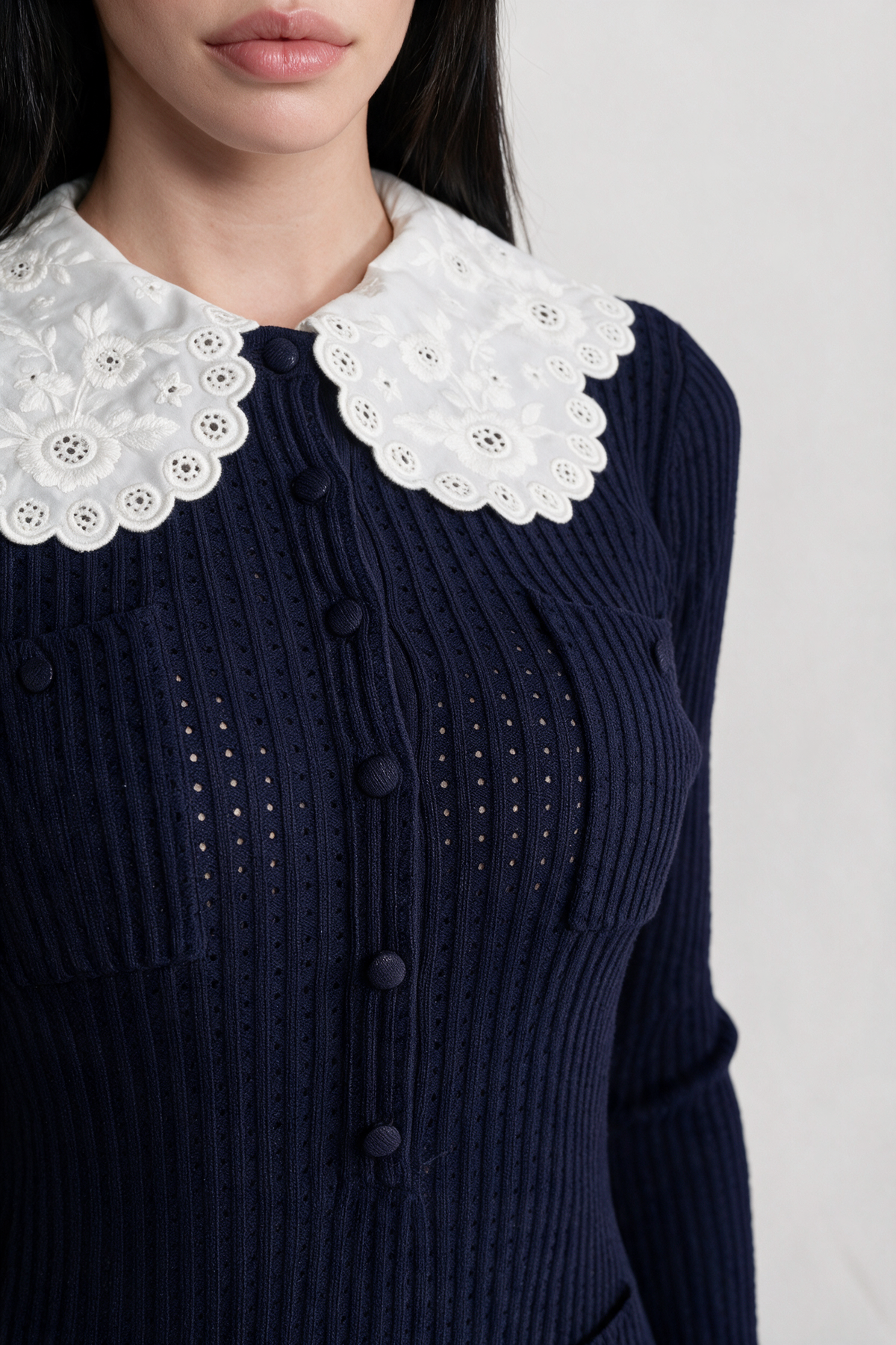 Knit Long Sleeve Mini Dress With Broderie Collar - Navy
