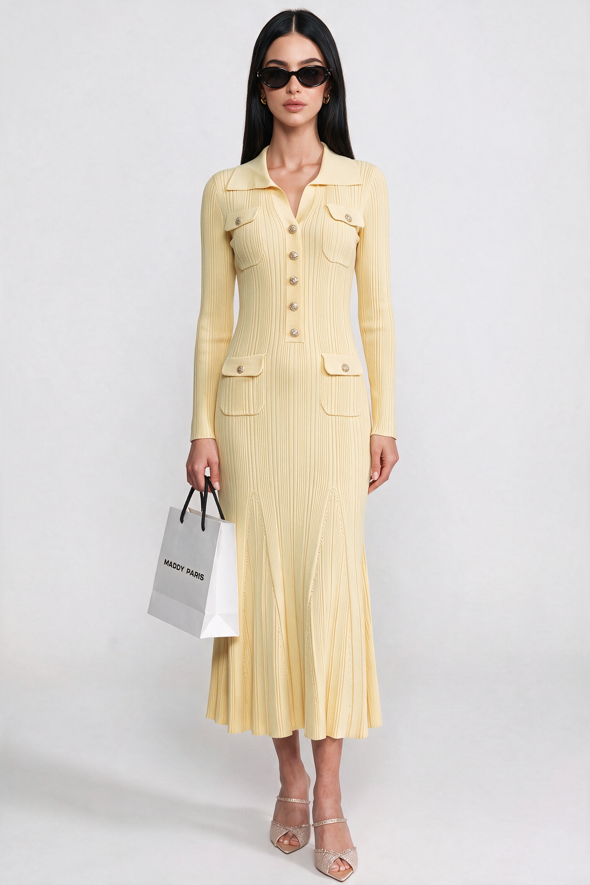 Long-Sleeve Button-Front Knit Maxi Dress With Patch Pockets - Yellow
