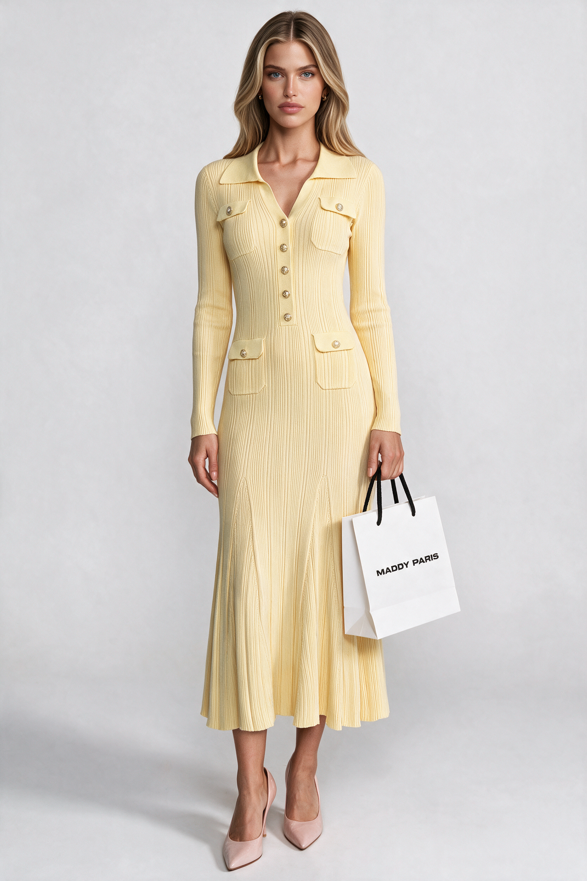 Long-Sleeve Button-Front Knit Maxi Dress With Patch Pockets - Yellow