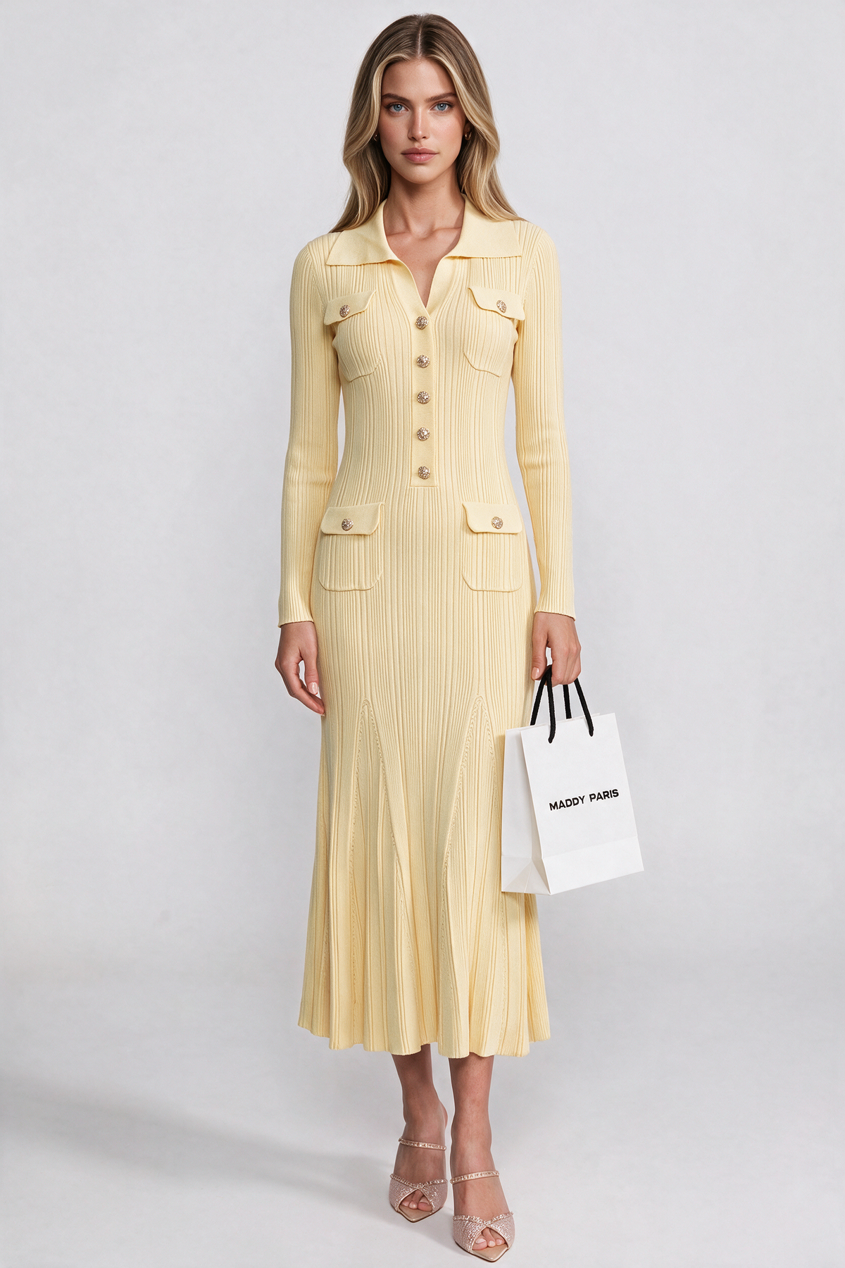 Long-Sleeve Button-Front Knit Maxi Dress With Patch Pockets - Yellow