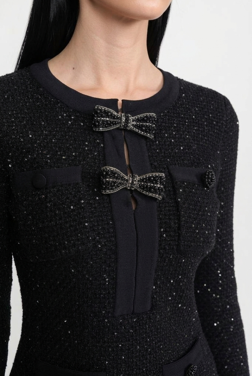 Embellished Tweed Co-Ord Set with Bow Closures And Mini Skirt – Black