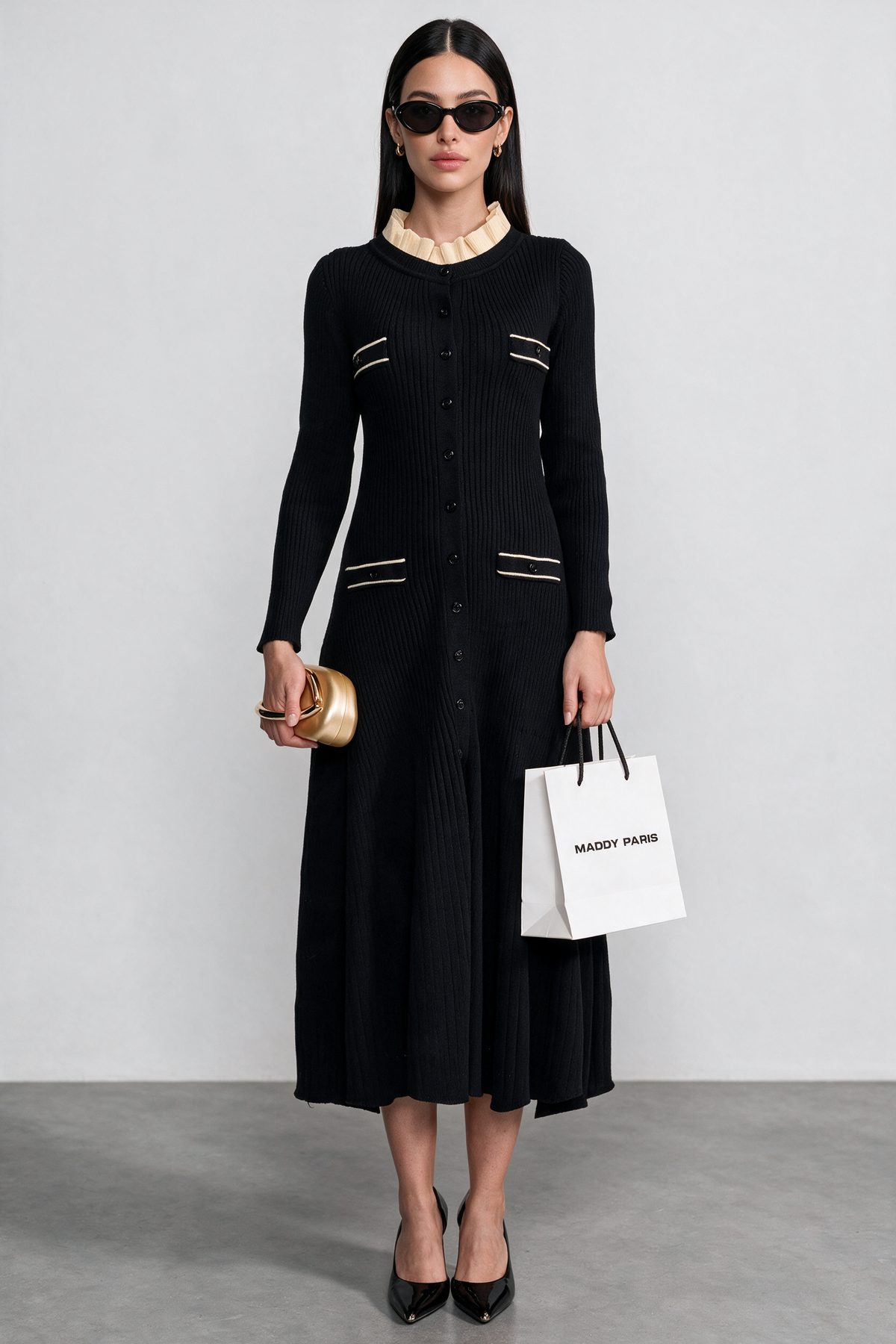 Long Sleeve Midi Dress With Button-Through Front And Contrast Pocket Trim - Black