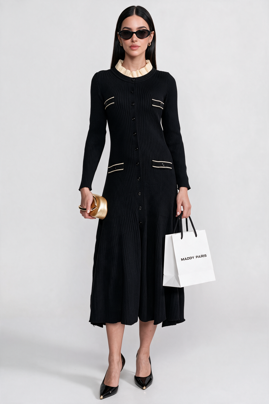 Long Sleeve Midi Dress With Button-Through Front And Contrast Pocket Trim - Black