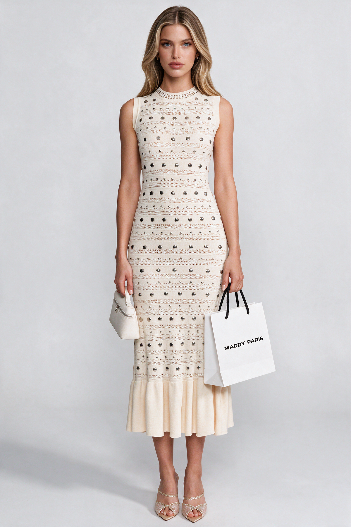 Embellished Knit Midi Dress With High Neck And Ruffle Hem - Cream