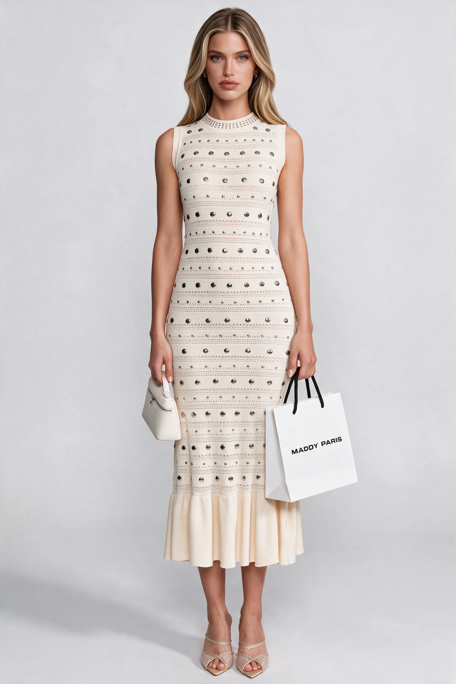 Embellished Knit Midi Dress With High Neck And Ruffle Hem - Cream