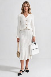 Solange White Ruffled Jacket & Flared Skirt Knit Matching Set