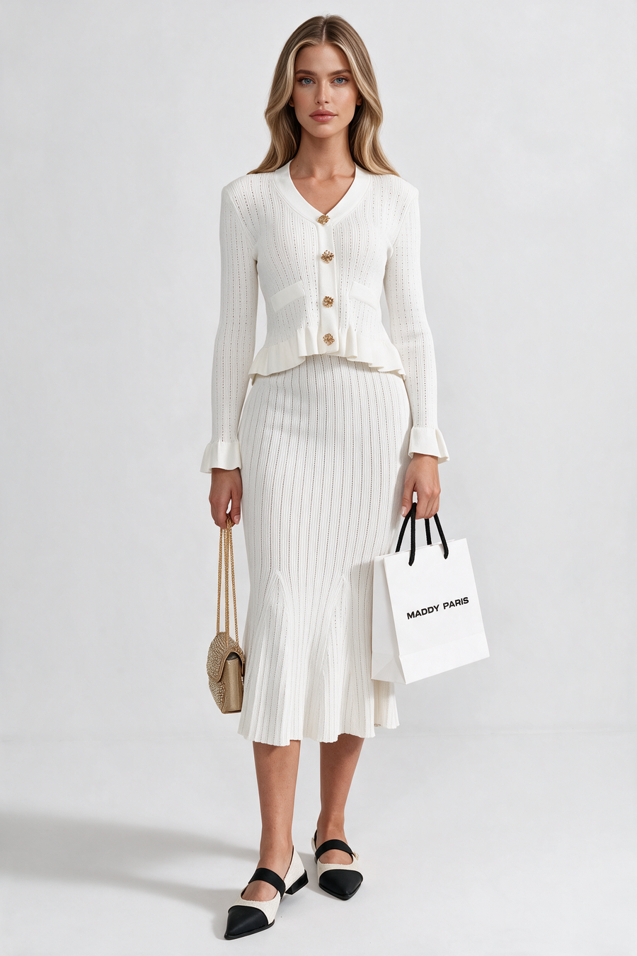 Ruffled Jacket & Flared Skirt Knit Matching Set - White