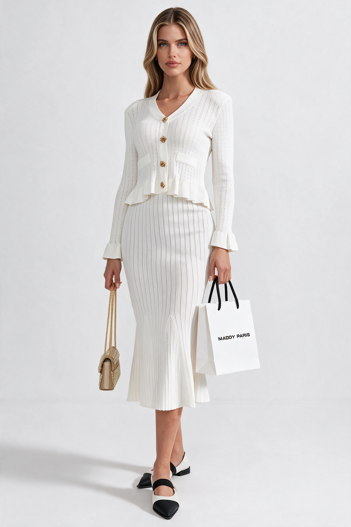 Ruffled Jacket & Flared Skirt Knit Matching Set - White