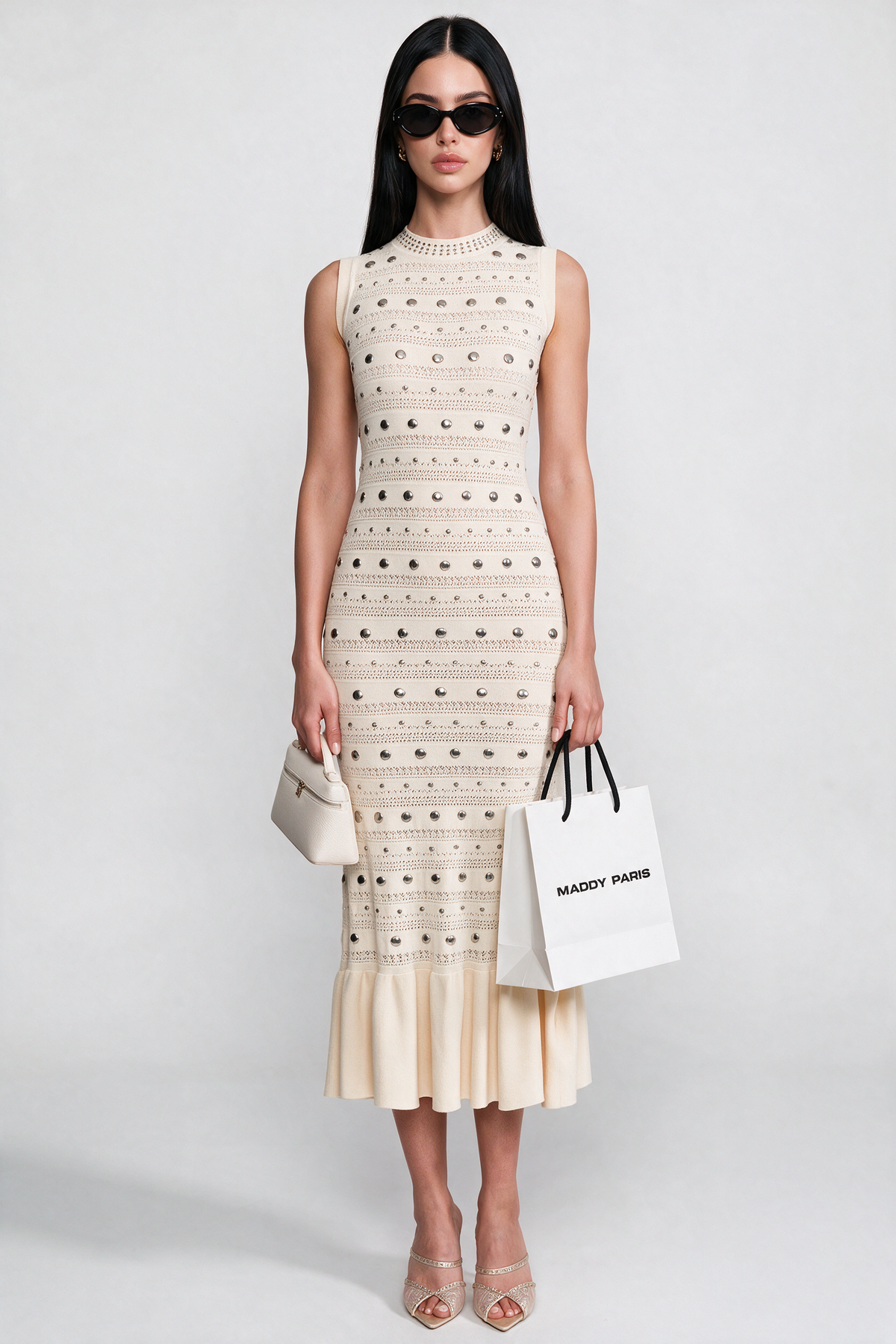 Embellished Knit Midi Dress With High Neck And Ruffle Hem - Cream
