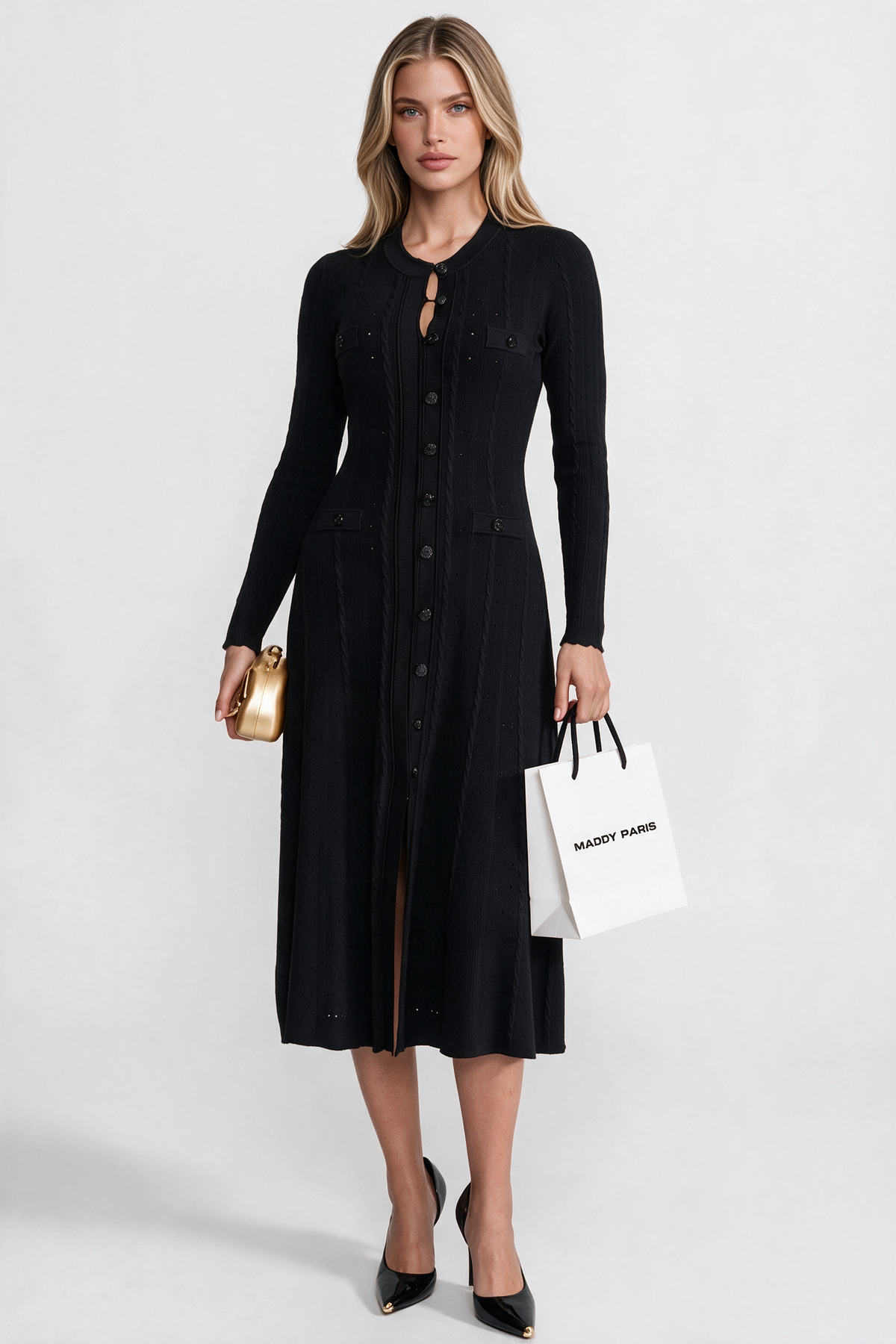 Knit Button-Front Midi Dress with Pointelle Detailing – Black