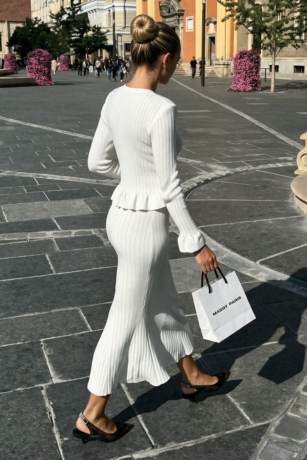 Ruffled Jacket & Flared Skirt Knit Matching Set - White