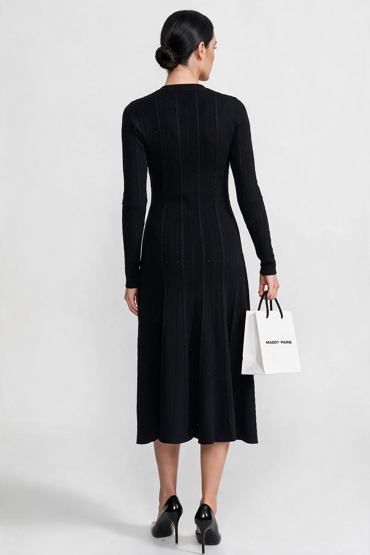 Knit Button-Front Midi Dress with Pointelle Detailing – Black