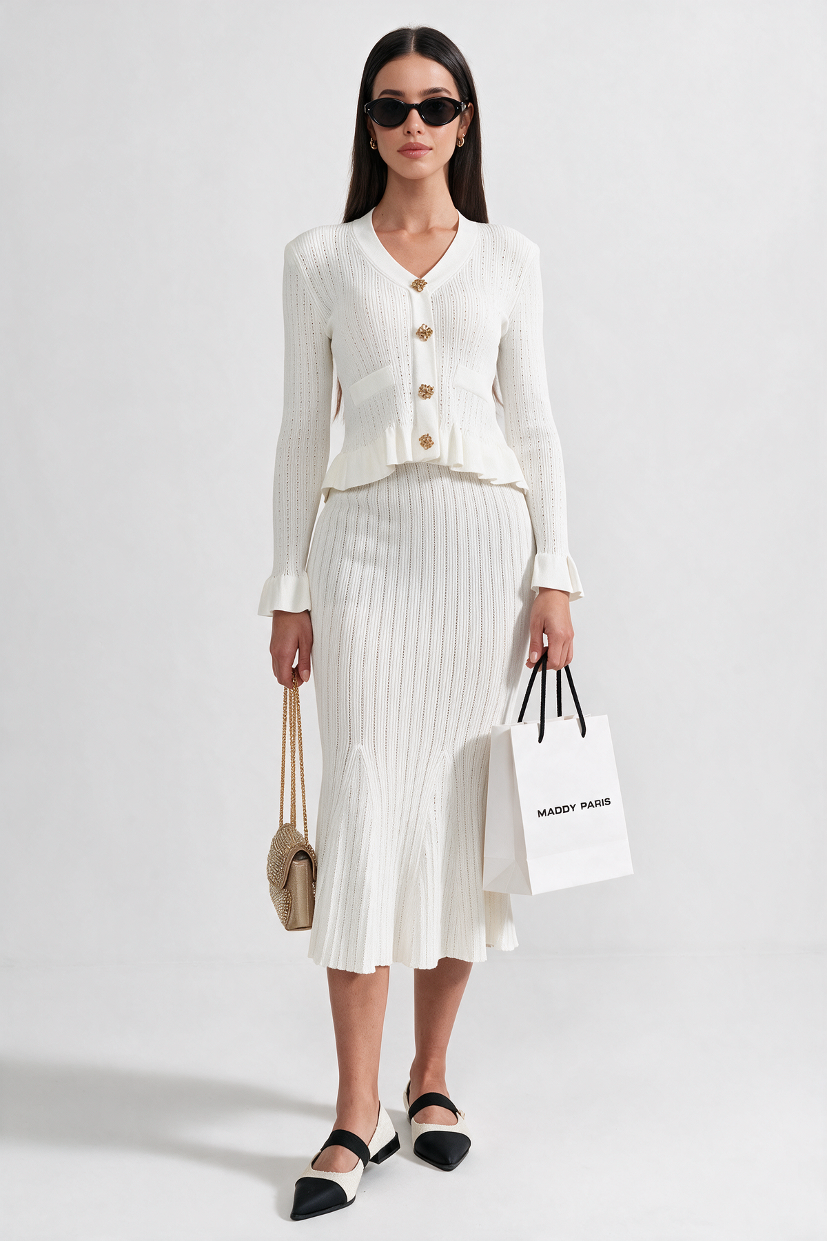 Ruffled Jacket & Flared Skirt Knit Matching Set - White