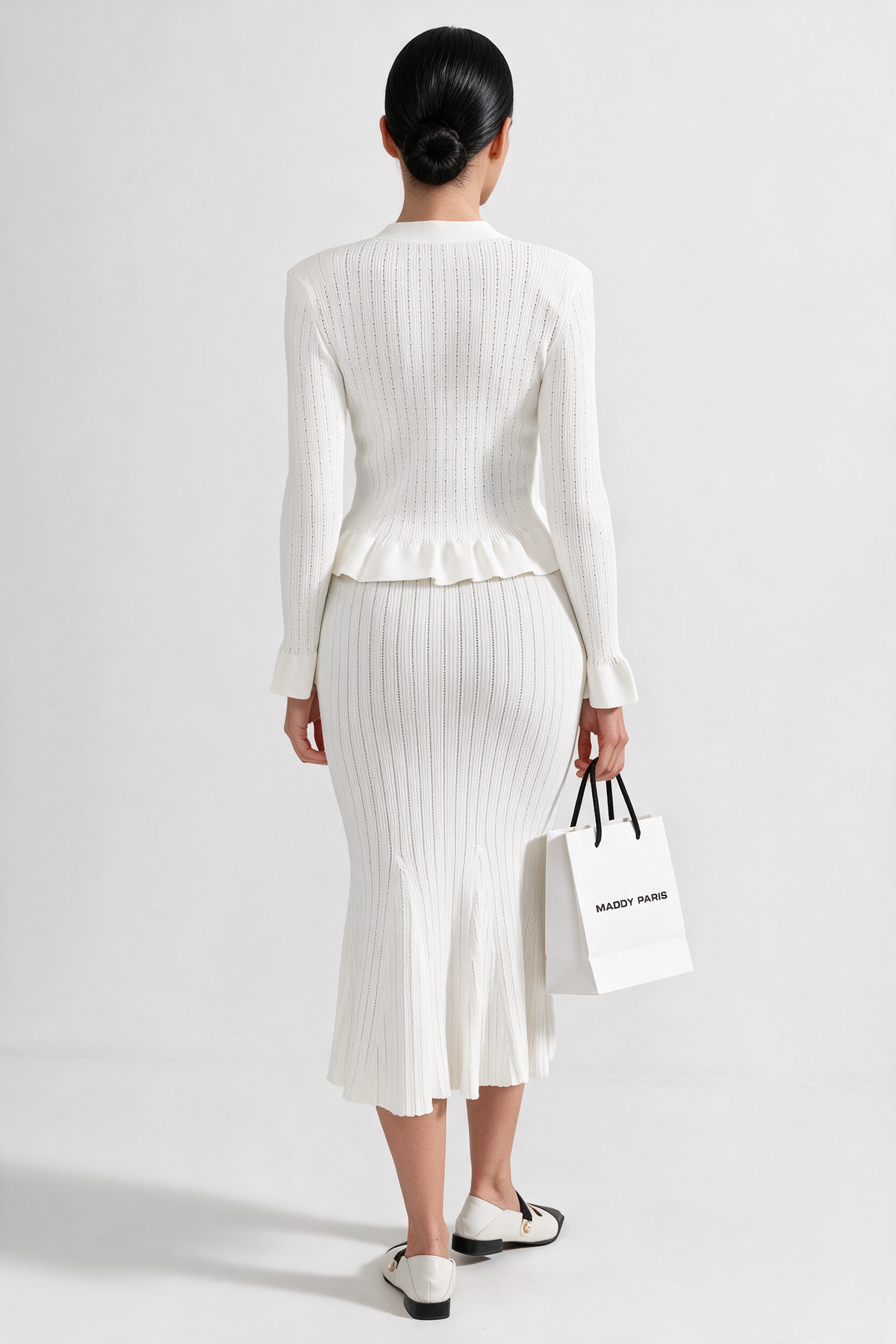 Ruffled Jacket & Flared Skirt Knit Matching Set - White