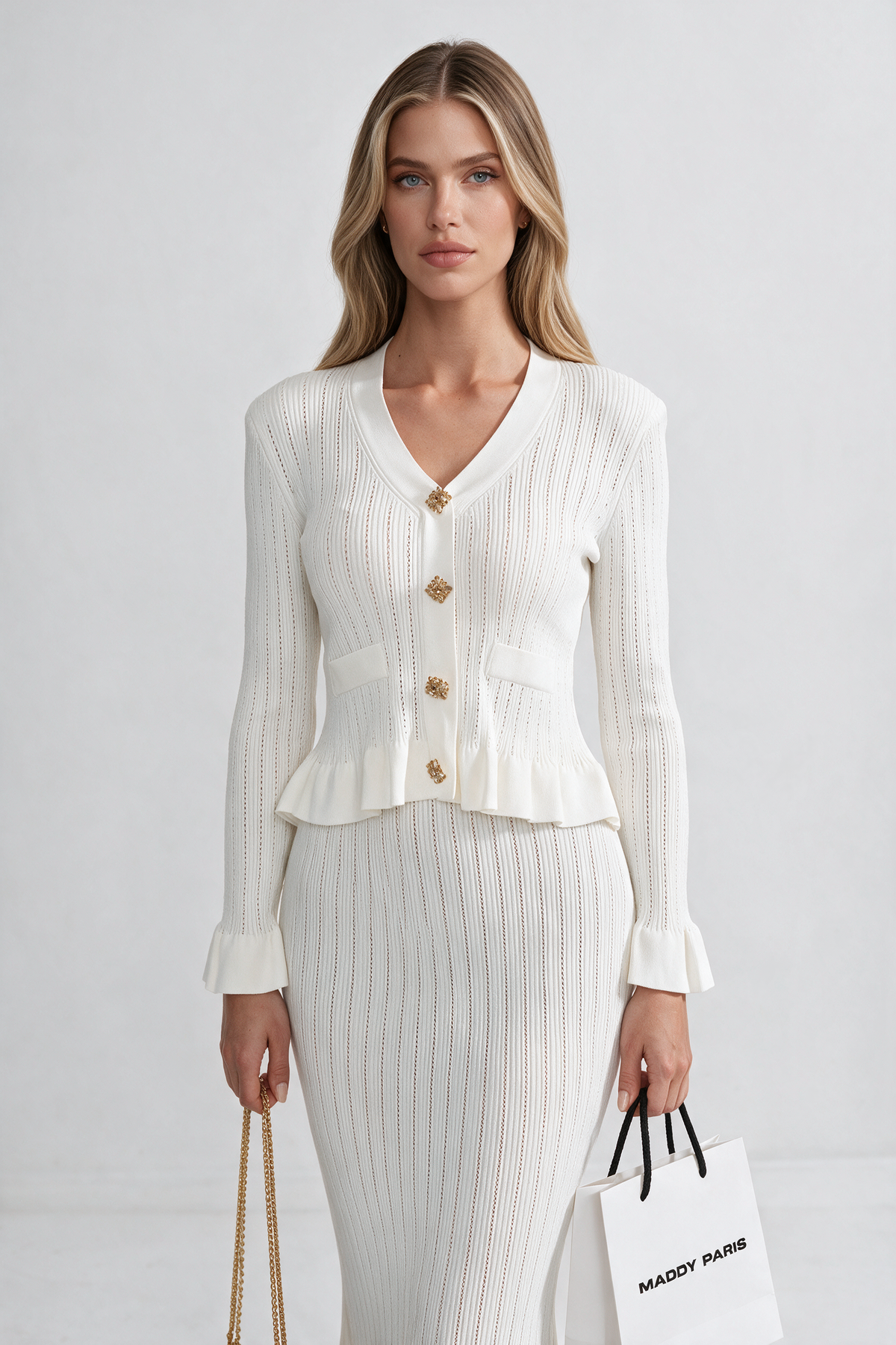 Ruffled Jacket & Flared Skirt Knit Matching Set - White