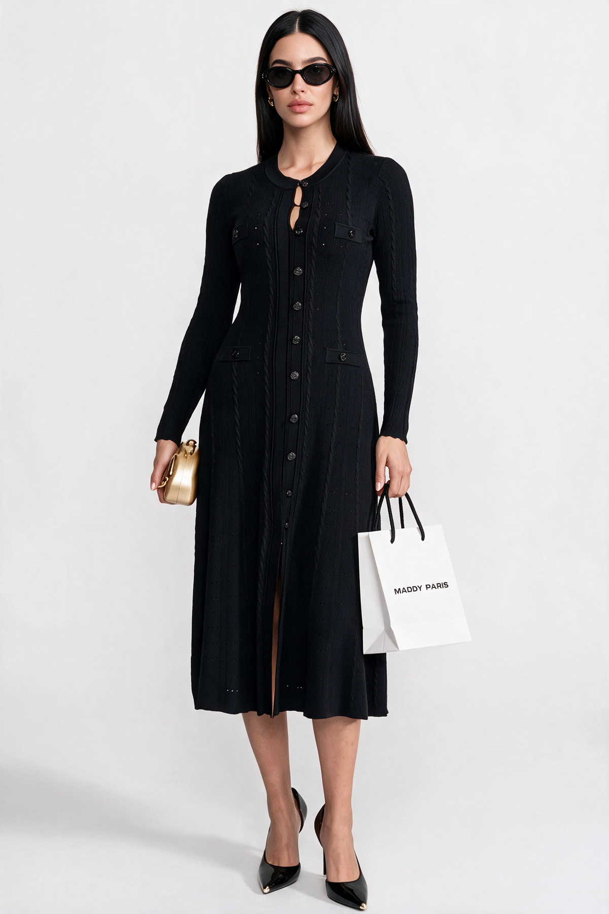 Knit Button-Front Midi Dress with Pointelle Detailing – Black