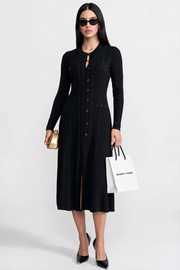 Cordelia Black Knit Button-Front Midi Dress with Pointelle Detailing