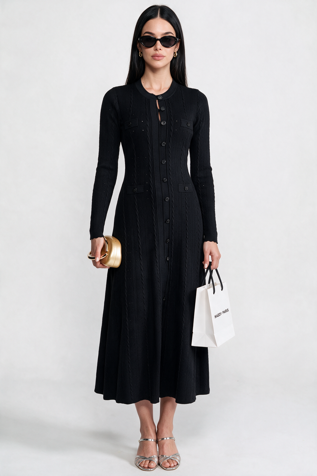 Knit Button-Front Midi Dress with Pointelle Detailing – Black