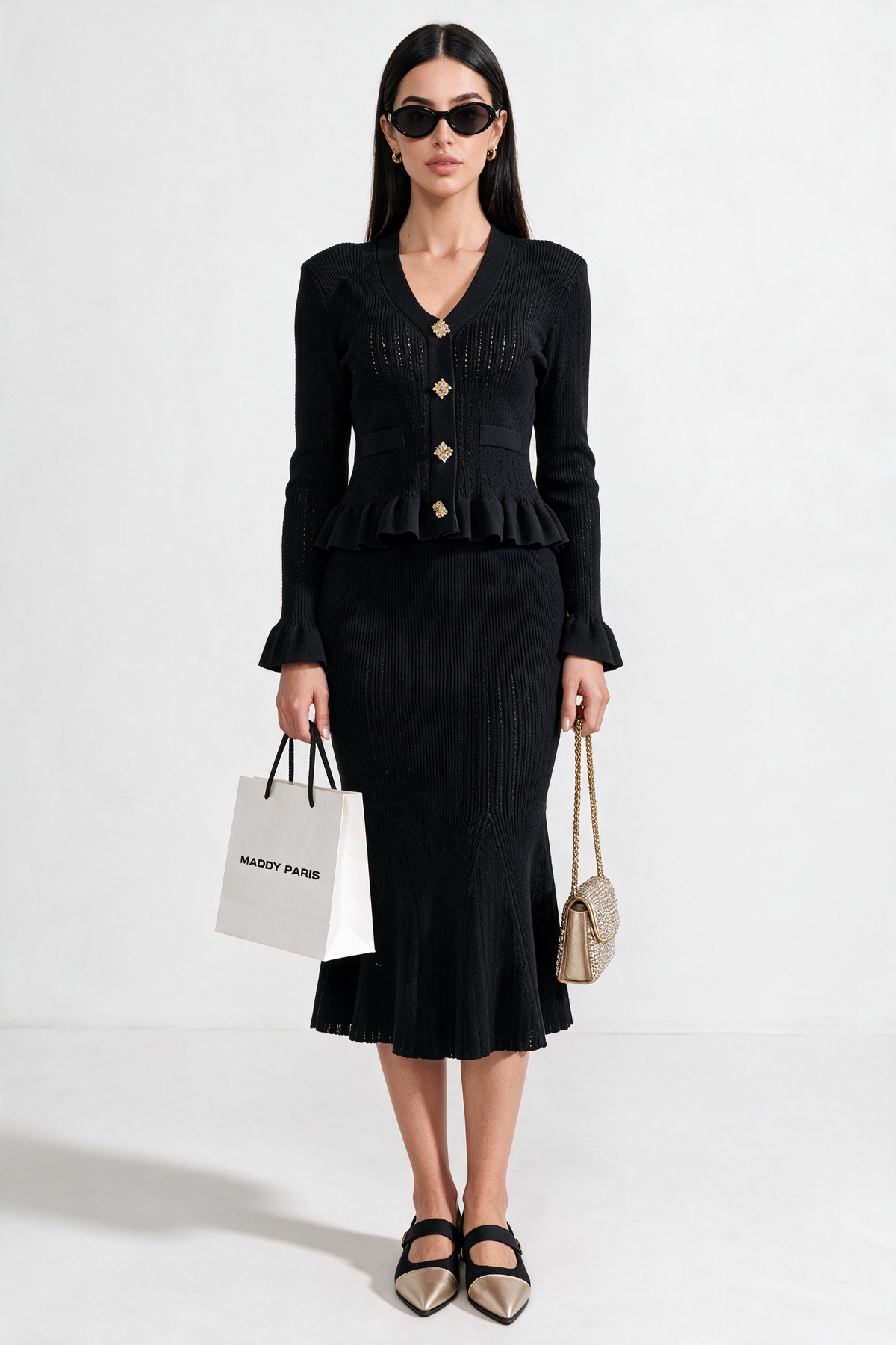 Ruffled Jacket & Flared Skirt Knit Matching Set - Black