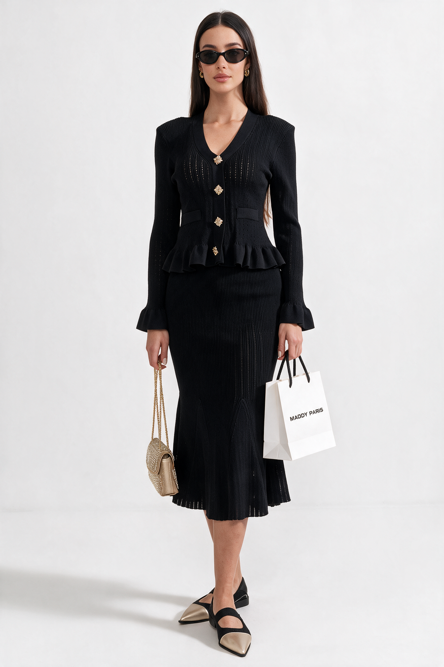 Ruffled Jacket & Flared Skirt Knit Matching Set - Black