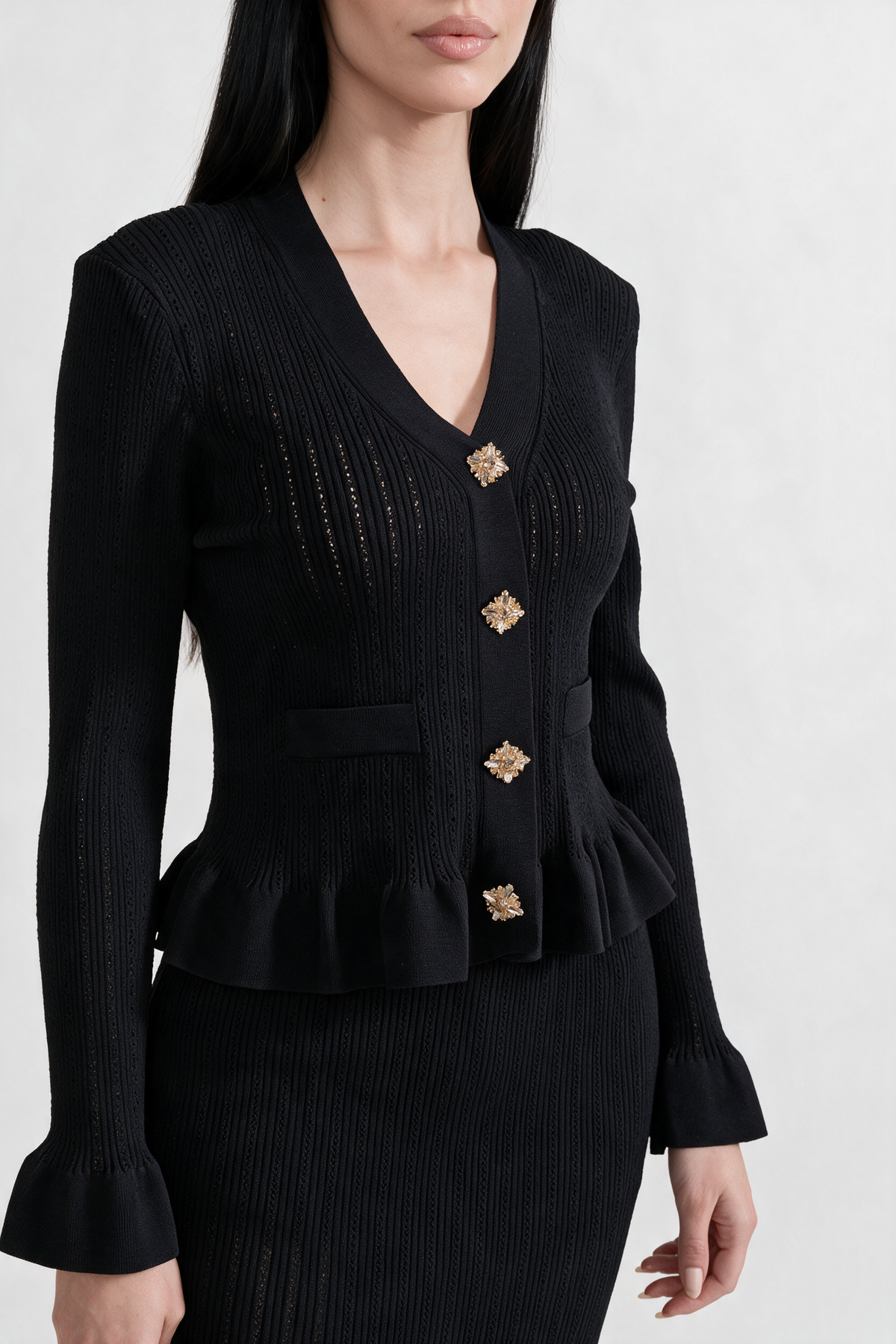 Ruffled Jacket & Flared Skirt Knit Matching Set - Black